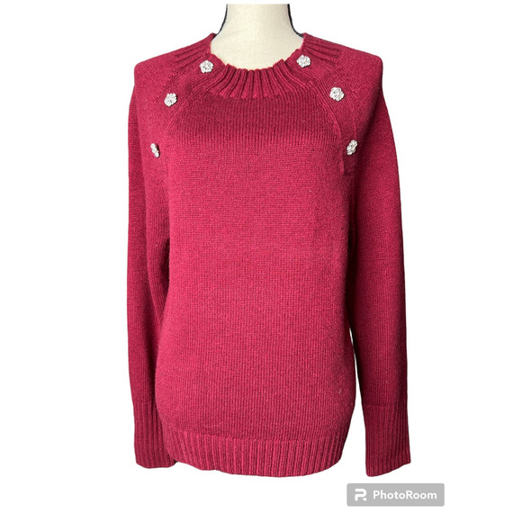 J. CREW Women's Sweater Size M in Burgundy Nylon Lambs Wool Blend w/Rhinestones - Picture 1 of 5